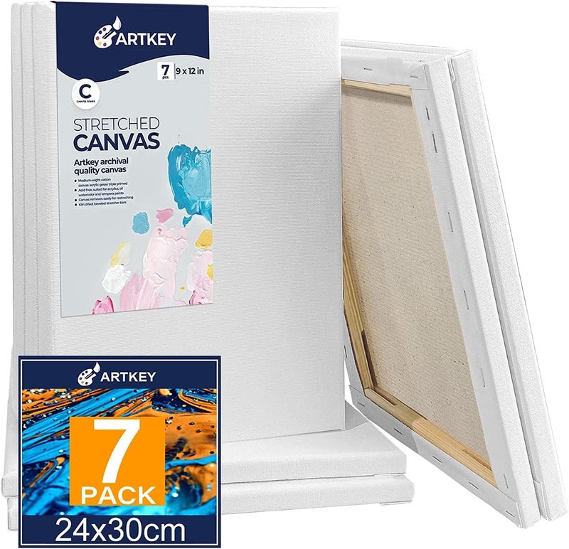Artkey Stretched Canvases for Painting 9x12 Inch 7-Pack, 10 oz Triple Primed Acid-Free 100% Cotton Blank Canvas, Rectangular Canvas for Oil Paint Acrylics Pouring & Wet Art Media - Image 1